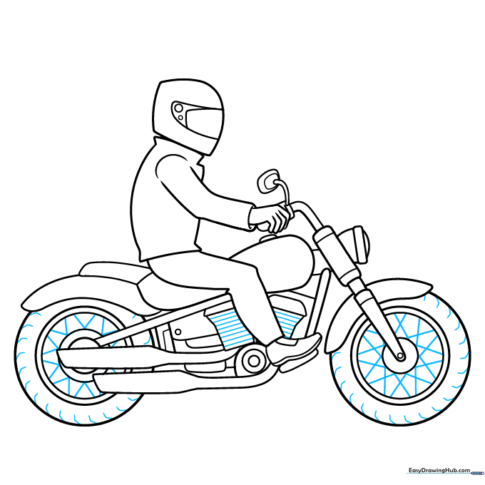 Adding final mechanical details and line work to the motorcycle wheels and body.