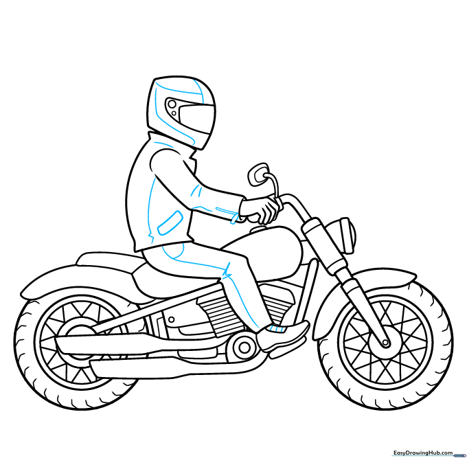 Final ink outline of the motorbike rider, ready for coloring.