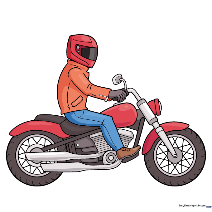 Fully colored motorbike rider illustration with vibrant red, orange, and blue tones.