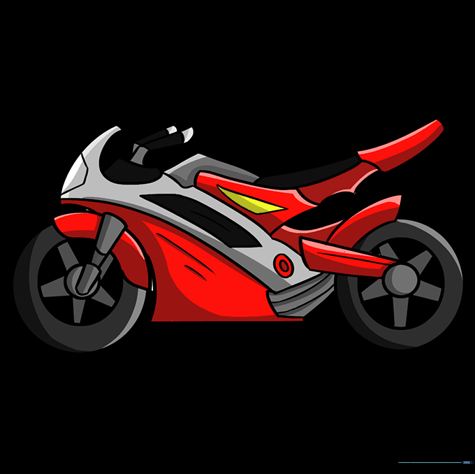 A fully colored, vibrant cartoon motorcycle drawing.