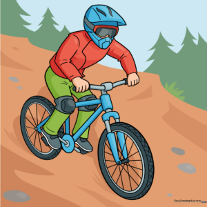 A colorful, finished illustration of a mountain biker in action on a trail.