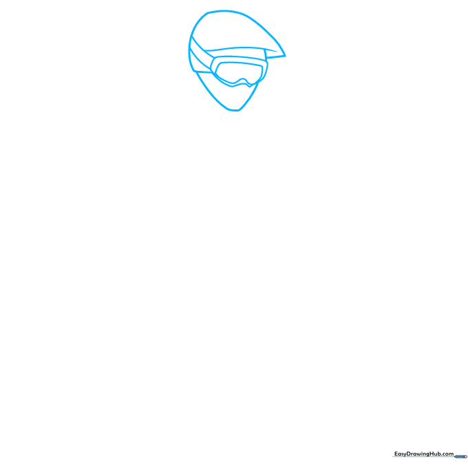 Step 1: Drawing the basic teardrop shape for the mountain biker's helmet and the rectangular outline for the protective goggles.