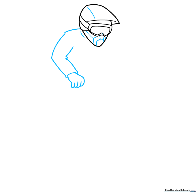 Step 2: Adding the shoulder line, arm structure with V-shapes for the elbow, and the initial hand placement.