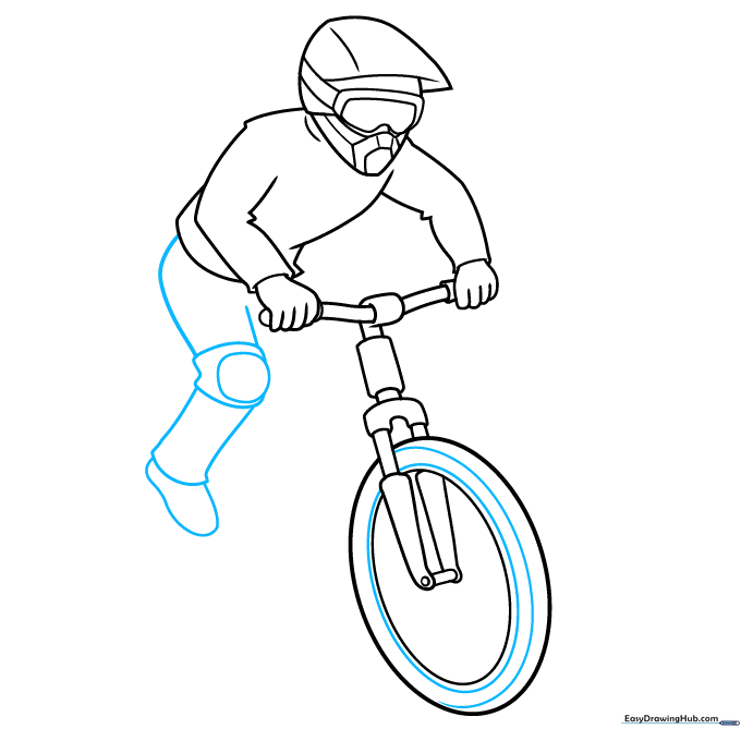Step 5: Sketching the biker's left leg with knee joint detail and the start of the shoe.