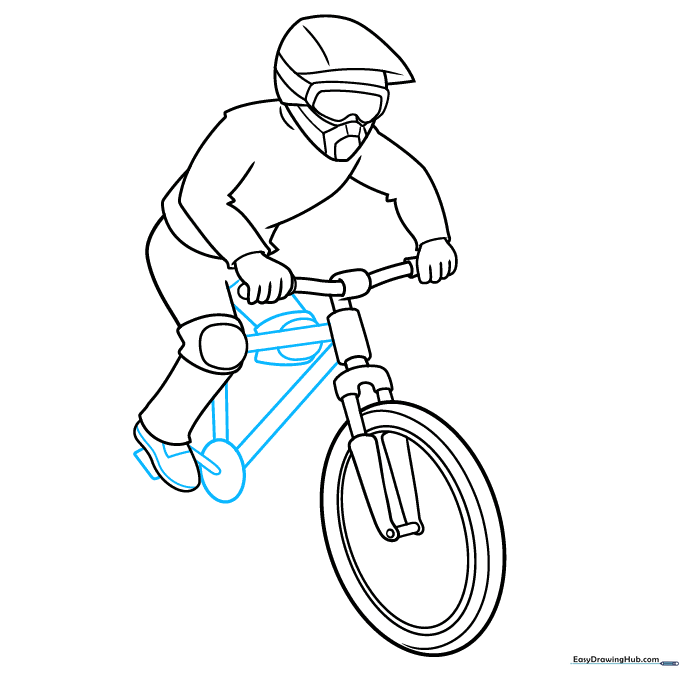 Step 6: Adding the right leg and pedal placement to complete the lower body structure.