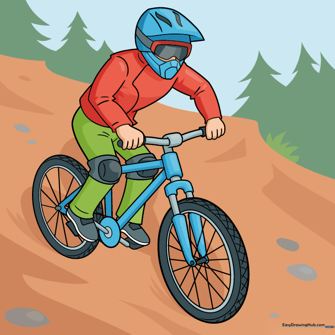 Step 10: The final colored mountain biker drawing, featuring vibrant gear and a natural landscape background.