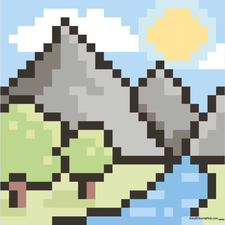 A vibrant, finished mountain pixel art landscape with a sun, trees, and river.