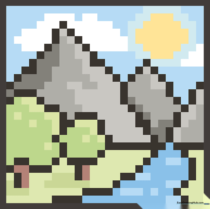 The completed, colored-in mountain pixel art scene.
