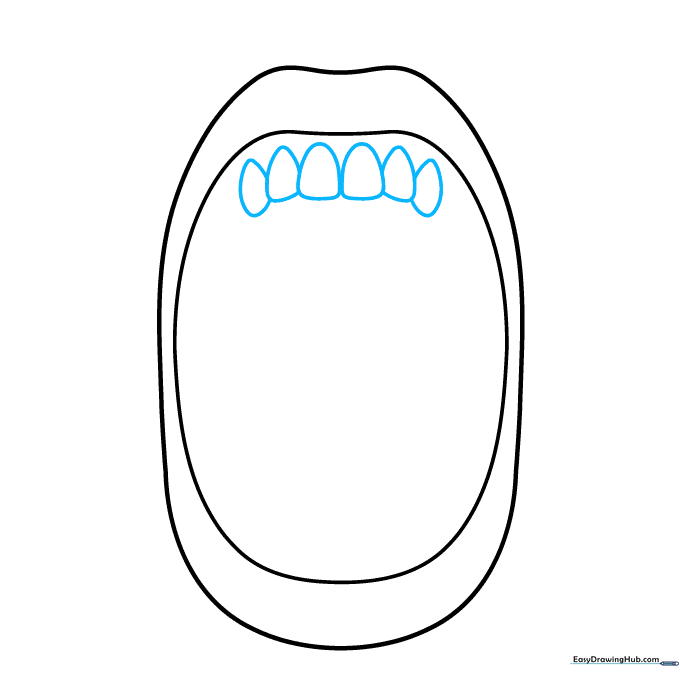 Drawing the upper teeth as a row of small, irregular teardrop shapes inside the mouth outline.