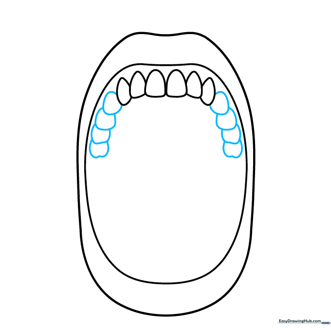 Adding more overlapping rounded shapes to form a complete row of upper teeth.
