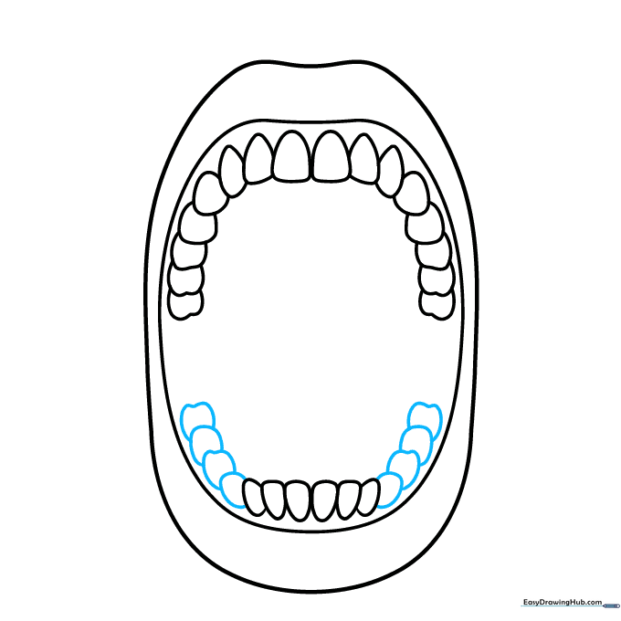 Refining the row of lower teeth with overlapping shapes.