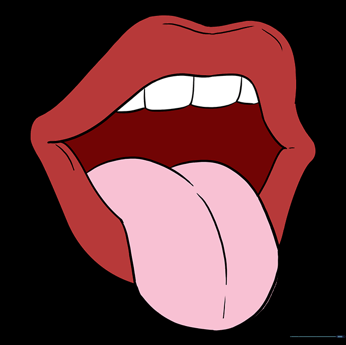 Final colored drawing of a mouth and tongue with red and pink tones.
