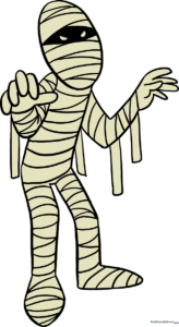 A finished, colorful illustration of a friendly mummy character.