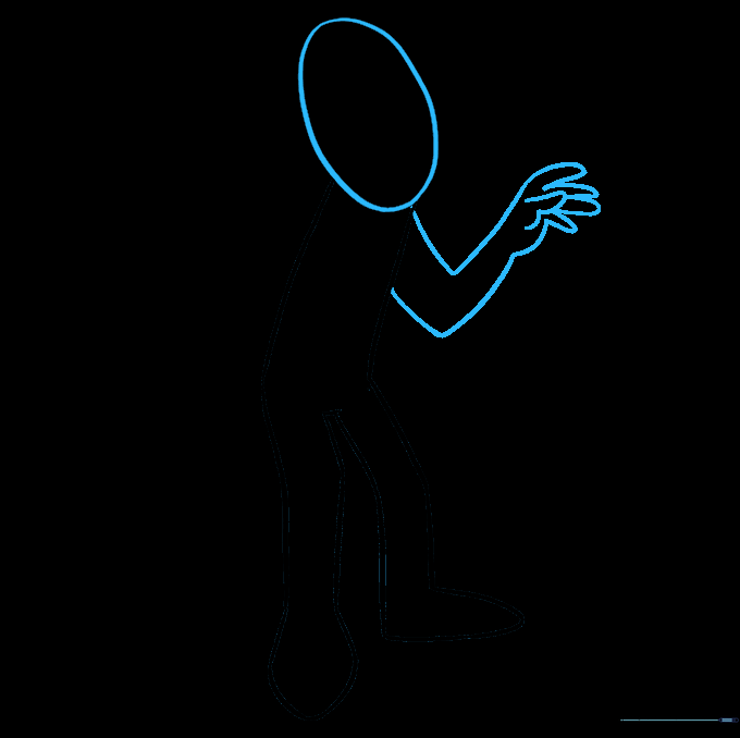 Sketching the mummy's first arm using V-shaped lines and U-shaped finger outlines.