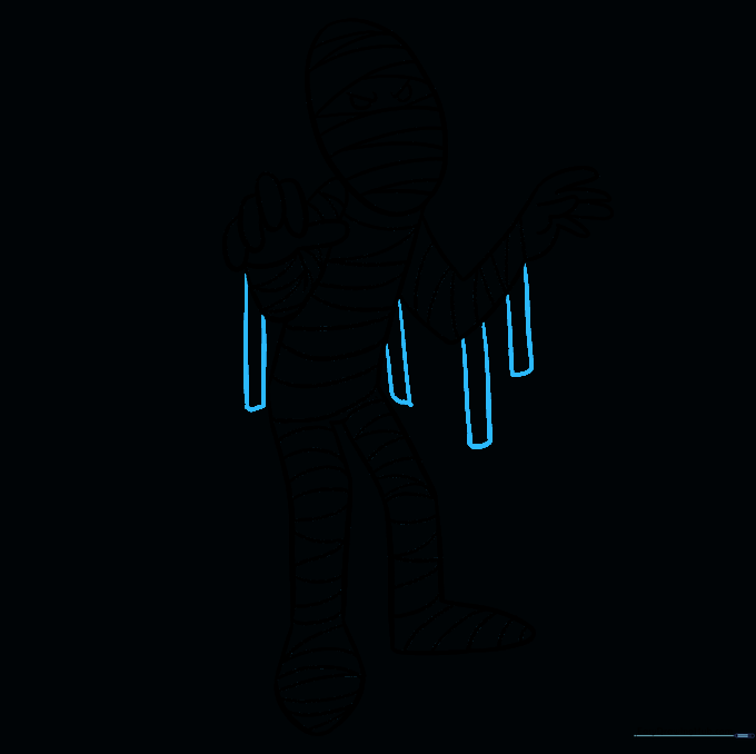 Drawing loose, dangling bandages hanging from the mummy's arms.
