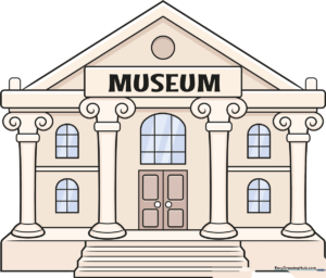 A colorful, finished drawing of a grand museum building with columns and a triangular roof.