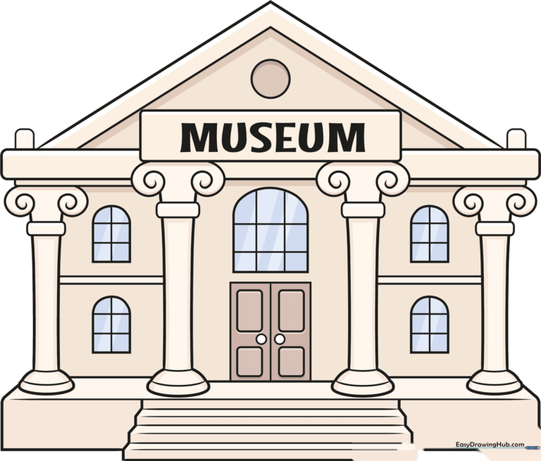 A colorful, finished drawing of a grand museum building with columns and a triangular roof.
