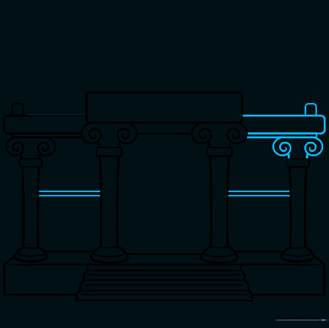 Detailing the upper roof structure and connecting the columns with horizontal lines.