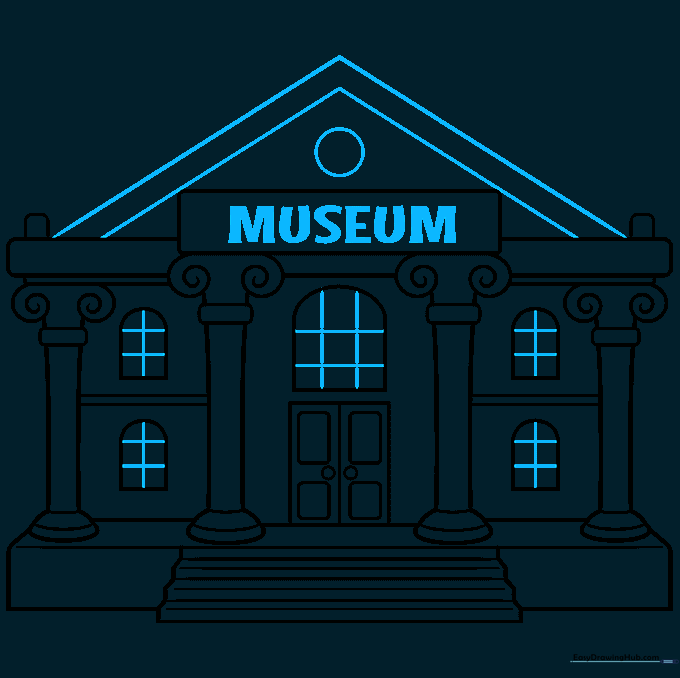 Adding the triangular pediment roof and the text label to the museum drawing.
