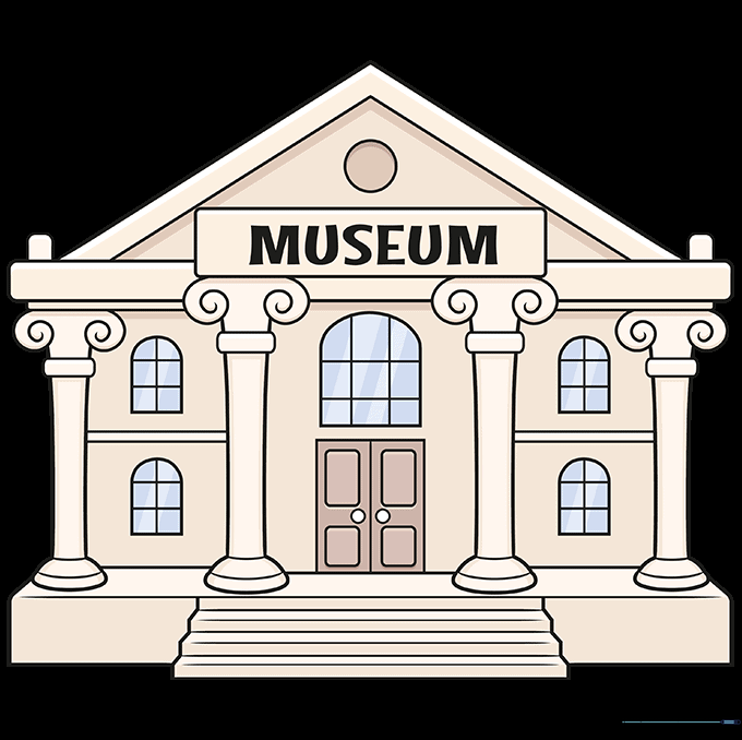 Final colored version of the museum drawing with stone textures and shading.