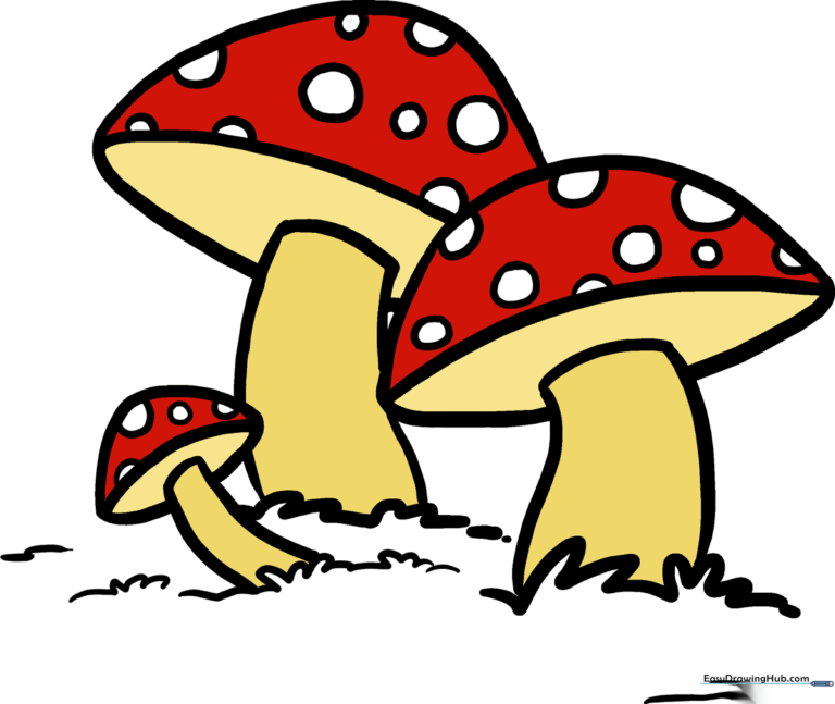 A colorful, finished drawing of three mushrooms in the grass.