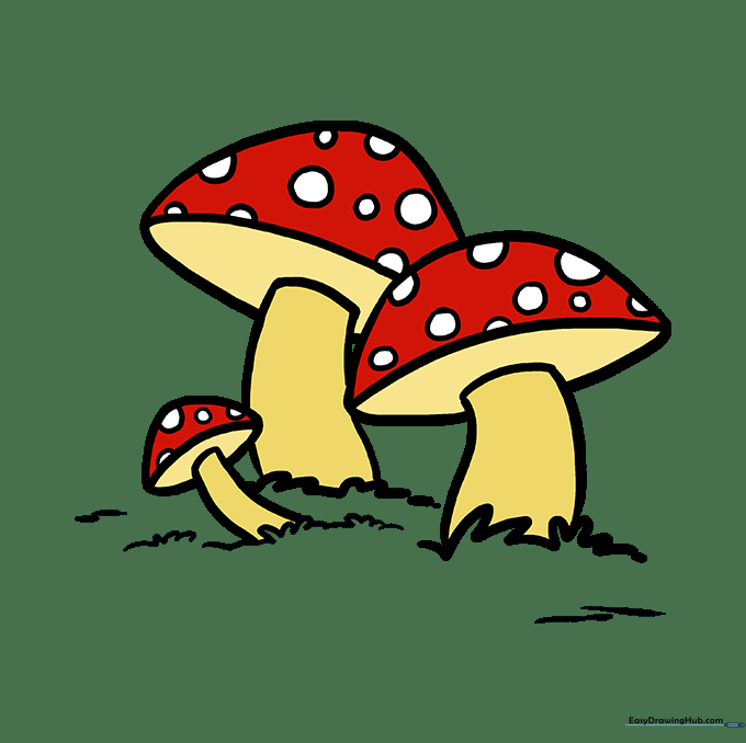 The finished, colored mushroom drawing with spots and grass.
