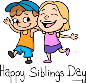 A colorful, finished National Siblings Day poster featuring a cartoon brother and sister.