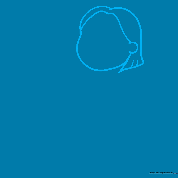A pencil sketch showing the outline of a girl's face and hair with soft, curved lines.