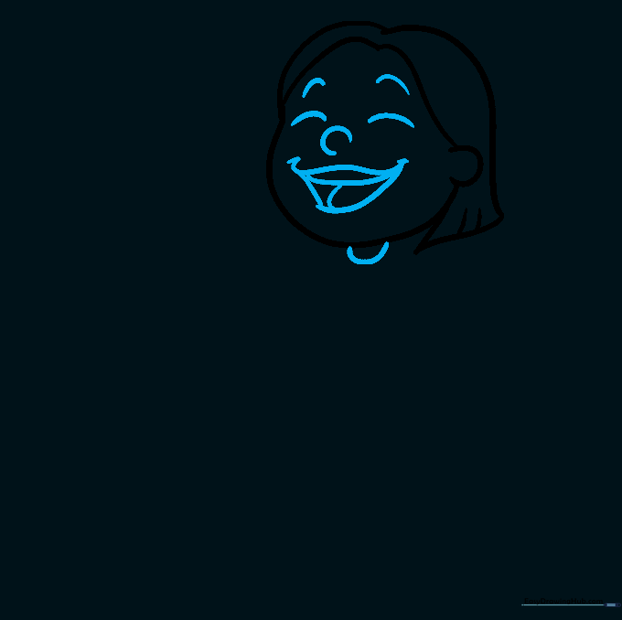 Close-up sketch of a girl's face featuring a laughing expression with eyes closed and a wide smile.