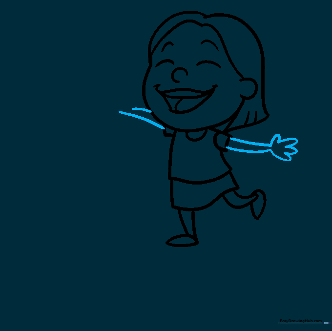 Sketch showing the addition of arms and hands to the girl's figure using curved lines.