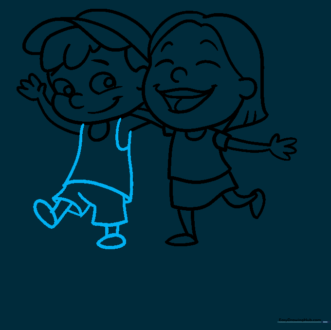 Sketch of the boy's full body including shirt, shorts, and shoes.