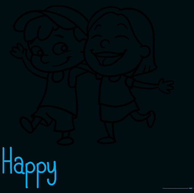 Sketch showing the word 'Happy' written in large block letters above the two characters.