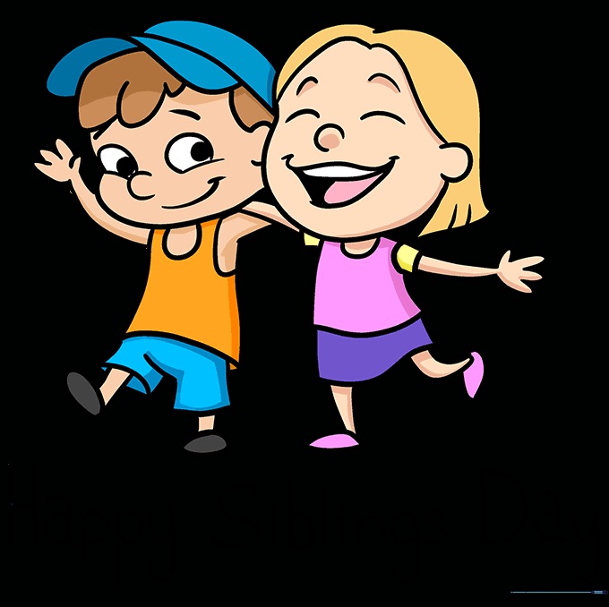 The final, fully colored drawing of a boy and girl with the text 'Happy Siblings Day'.