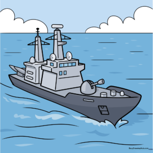 A colorful, finished illustration of a cartoon navy ship on the ocean.