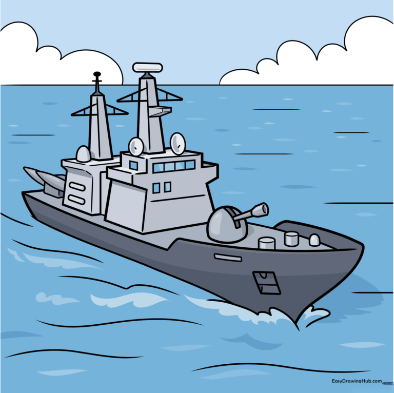 A colorful, finished illustration of a cartoon navy ship on the ocean.