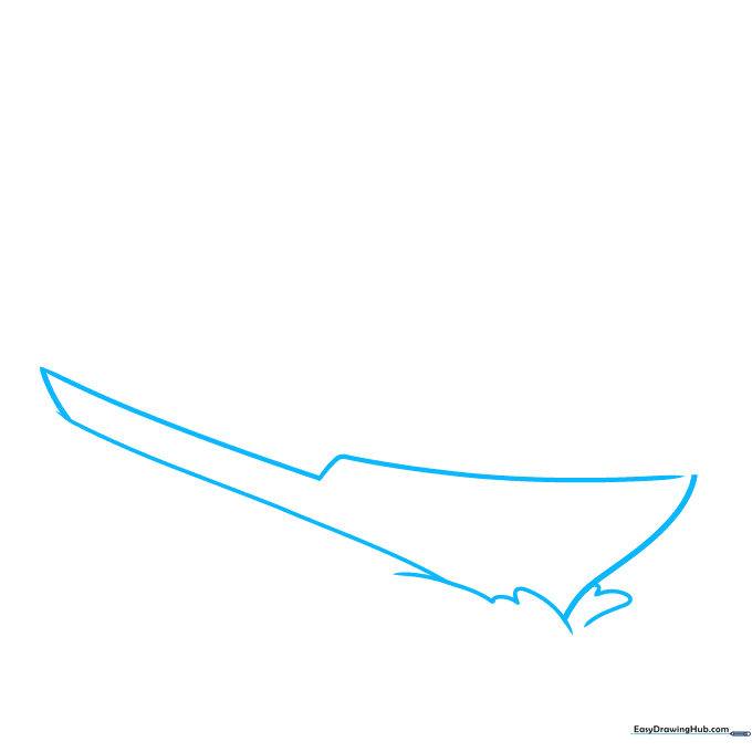 Pencil sketch showing the curved bow of a navy ship and wavy water lines at the bottom.