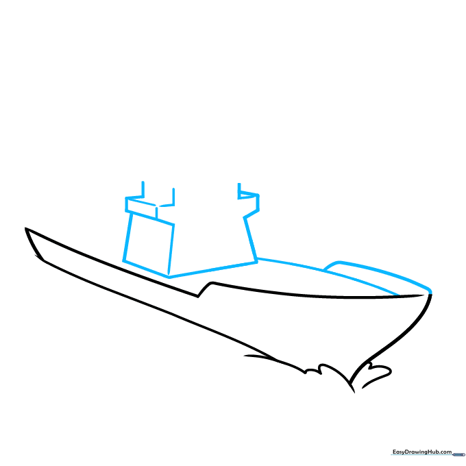 Drawing a T-shaped structure on the ship deck using straight and curved lines.