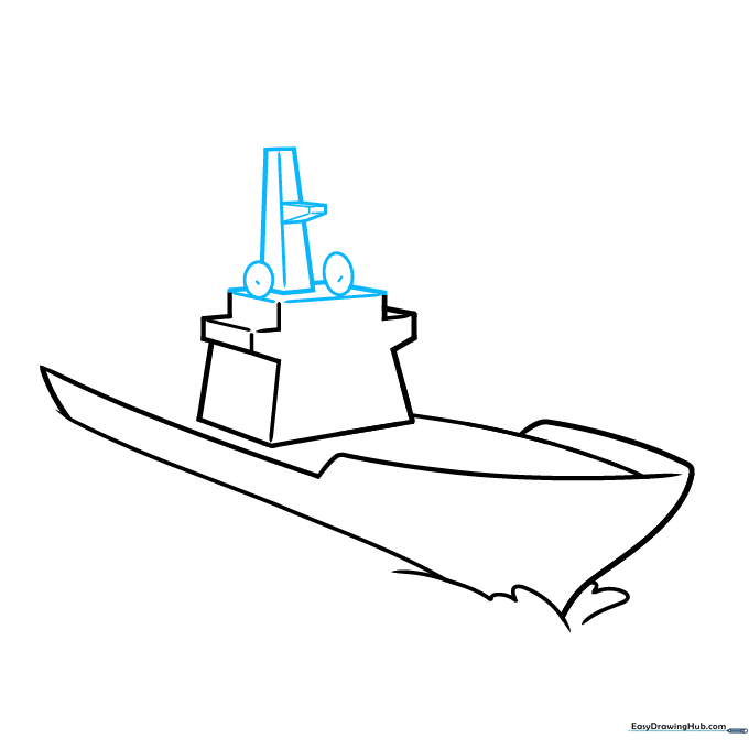 Adding geometric shapes like ovals and trapezoids to form the ship's command tower.