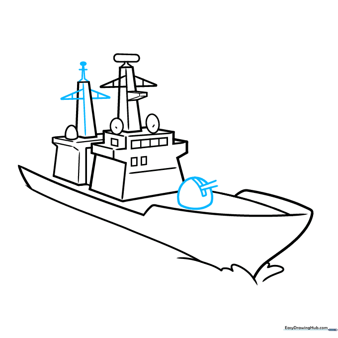 Drawing the gun turret on the deck with two protruding barrels.