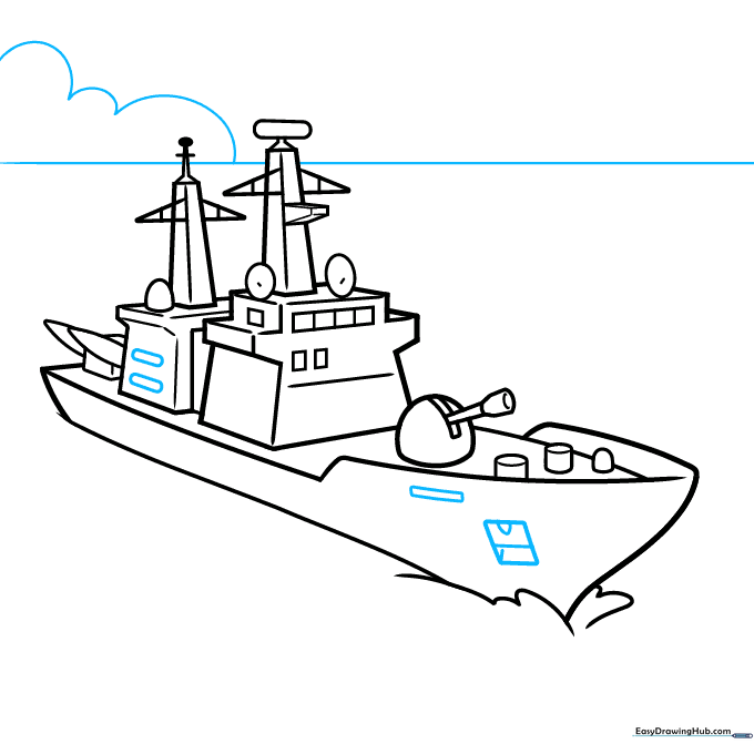 Adding windows to the ship hull and a horizon line with a cloud.