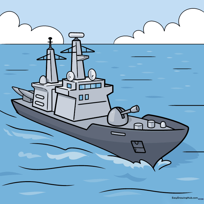 A finished, colored navy ship drawing in shades of gray.