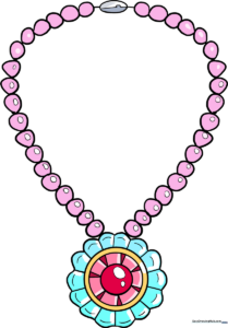A colorful, finished illustration of a beaded necklace with a central gemstone pendant.