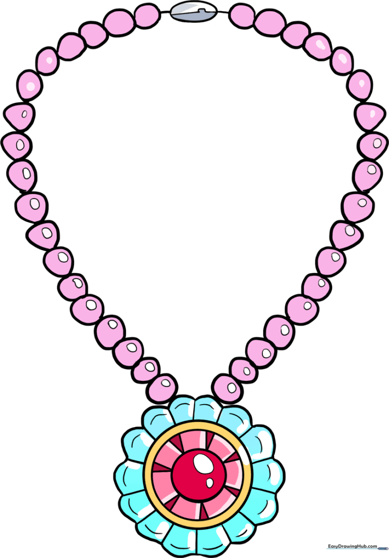 A colorful, finished illustration of a beaded necklace with a central gemstone pendant.