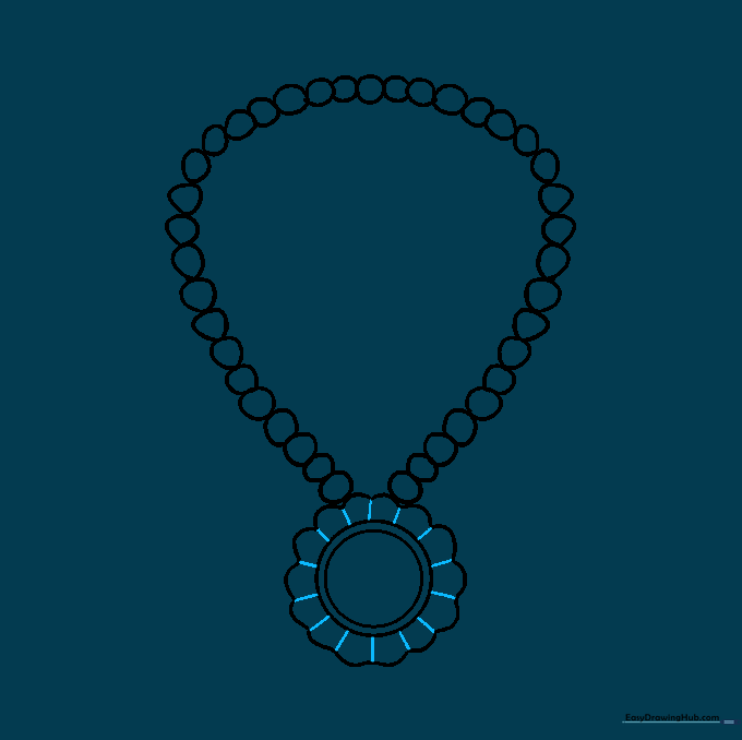 Drawing straight lines connecting the gemstone halo to the scalloped edges of the pendant.