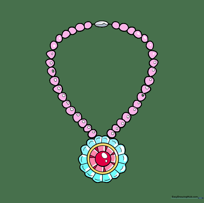 A fully colored, vibrant necklace drawing with pearls and a gemstone pendant.