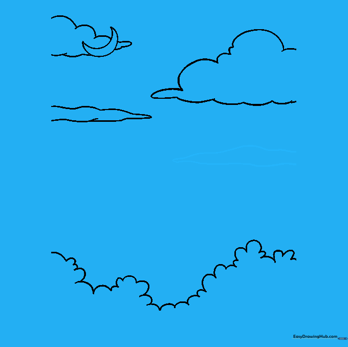 Multiple cloud shapes filling the upper portion of the drawing.