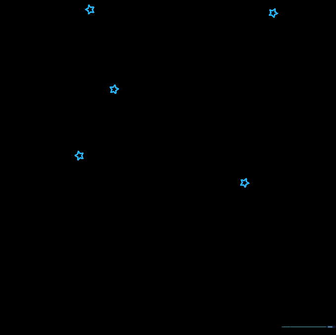 Several five-pointed star shapes scattered across the sky.