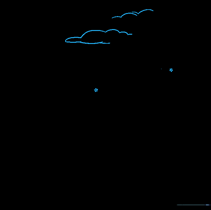 The completed line art of the night sky with clouds and stars.