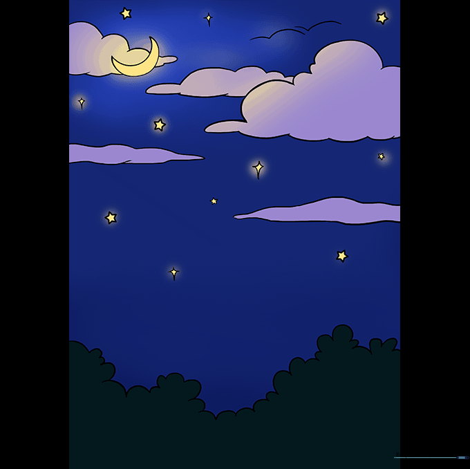 The finished, colored drawing of a night sky with a moon, clouds, and stars.