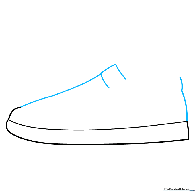 Drawing the upper structure and heel of the sneaker using simple geometric lines.